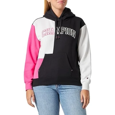 Imagen de Champion Legacy Color Punch W Light Powerblend Colorblock Fleece Sudadera con Capucha, Negro/Off White/Fucsia, M para Mujer