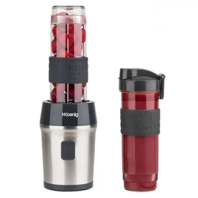 Imagen de H.Koenig SMOO9 Vaso Maker, Mini Batidora para Zumos, Batidos, Smoothies, Capacidad de 570 mL, 300 W, Incluye 2 Botellas Deportivas Portátiles, Acero Inoxidable, Negro