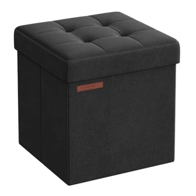 Imagen de SONGMICS Puff Almacenaje 38 cm, Baúl de Almacenaje, Taburete Reposapiés, Negro Tinta LSF27B01