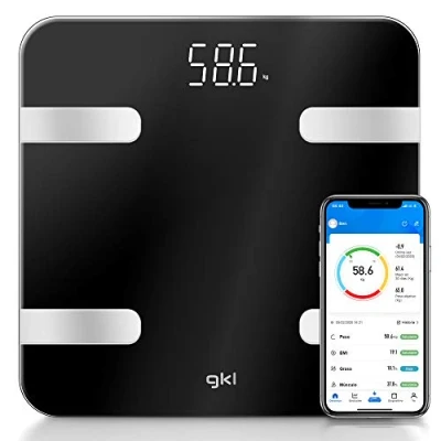 Imagen de GKL Báscula de baño digital alta precisión FITBLUE300 App móvil gratuita, 12 parámetros, 8 usuarios diferentes y encendido/apagado automático (Negro)