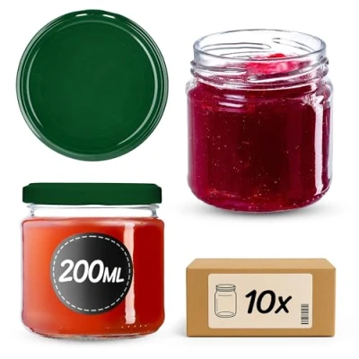 Imagen de KADAX Tarros Pequeños de 200 ml, Botes Cristal con Tapa Hermética 66 mm para Miel, Conservas, Especias y Mermeladas (10 Unidades, Verde)