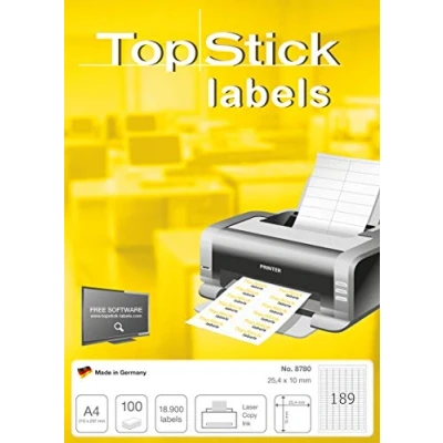 Imagen de TopStick 8780 etiquetas autoadhesivas universales A4 muy pequeño (25,4 x 10 mm, papel) 100 hojas, 189 por hoja, 18900 etiquetas, para impresoras inkjet y láser