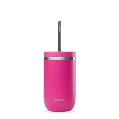 Imagen de QWETCH Cold Cup isotérmica 470 ml magenta 24 h helado &amp; 12 frío acero inoxidable reciclado, antisalpicaduras ideal para bebidas frescas, té de burbujas y café