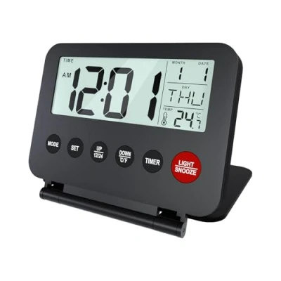 Imagen de MMOBIEL Despertador Digital de Viaje Pequeño a Pilas Reloj Portátil para Viajes Digital, Alarma, Temporizador, Repetición Alarma y Luz Fondo (Pilas no Incluidas) Negro