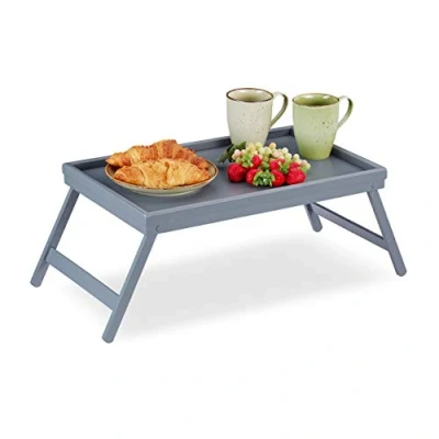 Imagen de Relaxdays Bandeja Cama con Patas Plegables, Borde Elevado, Bambú, 4 x 50 31 cm, Gris, Tablero de Fibras, 22 63,5 cm