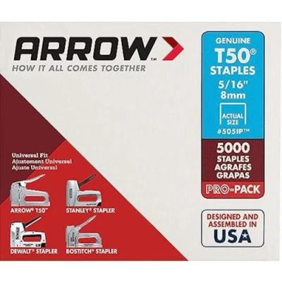 Imagen de Arrow Fastener 505IP Grapas T50 resistentes para tapicería, construcción, muebles, manualidades, tamaño de corona 3/8 pulgadas, longitud pierna 5/16 paquete 5000, fabricadas en