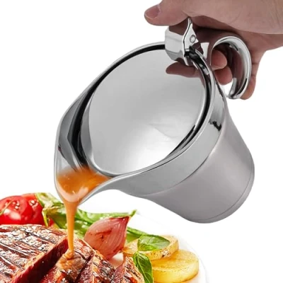 Imagen de salsera térmica de acero inoxidable 450 ml: con tapa abatible y asa, dispensador salsas doble pared, jarra leche, para servir salsas, natillas, nata, salsa