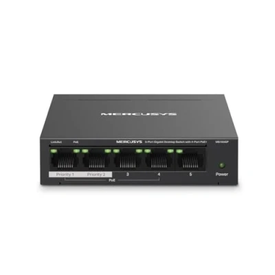 Imagen de Mercusys MS105GP Switch Gigabit de 5 Puertos con PoE+ 4 Puertos, Plug &amp; Play, Largo Alcance hasta 250m, 30W para Cada Puerto
