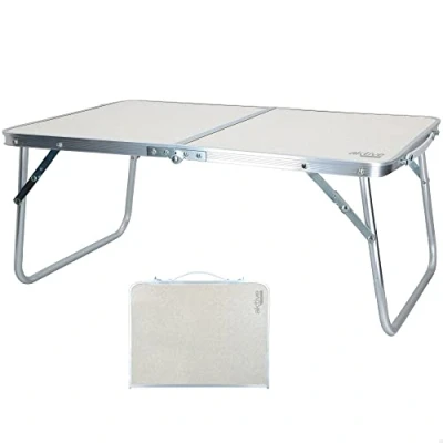 Imagen de AKTIVE mesa playa plegable, baja playa, 60x40x25 cm, color crema, estructura de metal, tablero madera, plegable camping pequeña, cierre seguridad (52812)