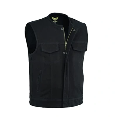 Imagen de Leatherick Chaleco estilo motero sin cuello de mezclilla pesado con ribete cuero para hombre bolsillos profundos, SOA