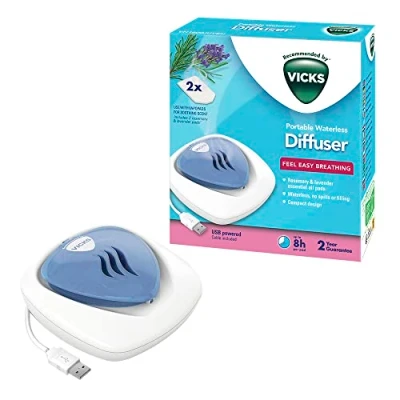 Imagen de Vicks Difusor portátil sin agua, Conexión con USB, Respiración sencilla, Función de luz nocturna, Incluye tabletas aceites esenciales, Para dormitorios infantiles y guarderías bebés, VH1800JUVEU