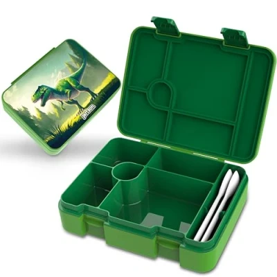 Imagen de Jarlson® fiambrera para niños con 6 compartimentos, de Tritan, caja bento a prueba fugas, guardería y escuela, niñas niños, 1400 ml, color verde dinosaurio, LUMI