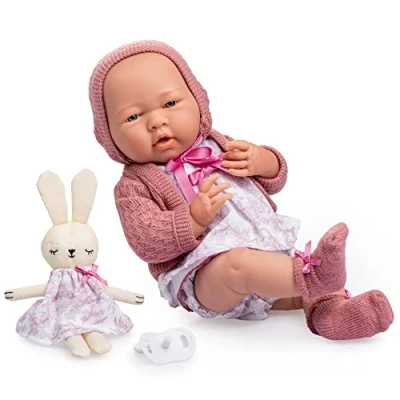 Imagen de JC TOYS Muñeca La Newborn recién Nacida de 38 cm, Vinilo Suave, colección Royal, Ropa con Dibujo Toile jouy, Chupete y Peluche, niña, Rosa, diseñada en España por Berenguer, 2 años