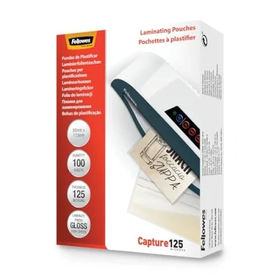 Imagen de Fellowes 100 fundas para plastificar, Acabado Brillo, Transparente, 125 Micras, 83 x 113 mm