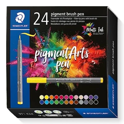 Imagen de STAEDTLER Brush Pen Pigment Arts, colores surtidos, Punta de pincel para ancho línea variable, resistente al agua, secado rápido, 24 rotuladores en surtidos estuche cartón, 371 C24