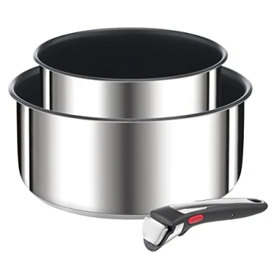 Imagen de Tefal Juego cazos Ingenio Preference On 2 16/20 cm acero inoxidable + mango extraíble, revestimiento antiadherente y antirayaduras, Thermo Signal, fabricado en Francia, apto para inducción