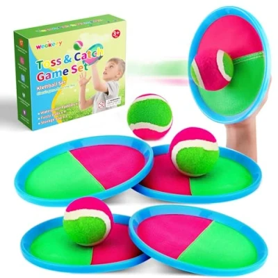 Imagen de Weokeey Juego de Pelota para Niños, Bolas Atrapar con 4 Paletas &amp; Pelotas Juegos Exterior Niños Impermeable Playa Patio, Jardín, Interior