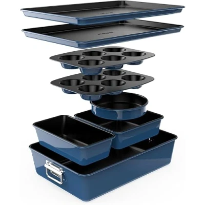 Imagen de Nutrichef juego 8 moldes apilables, Bandejas, Libres de PFOA, PFOS, PTFEE, Utensilios horno hasta 232C, Baking set, Antiadherentes, Color azul