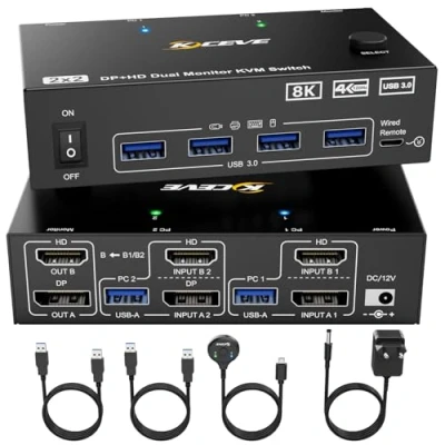 Imagen de Conmutador KVM 8K 2 ordenadores monitores, Displayport + HDMI USB 3.0 Switch para dos soporta 8 K @ 60 Hz, 4 120 Hz que comparten teclado, ratón y monitor