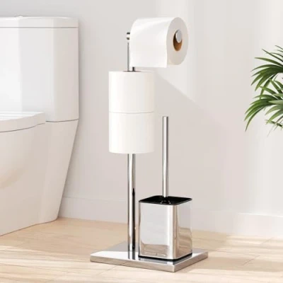 Imagen de Portarrollos de Papel Higiénico Pie Acero Inoxidable, Soporte para y Escobilla, sin Necesidad Taladrar, Escobilla (Plata Brillante)