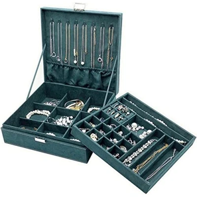 Imagen de Procase Estuche Joyero Grande Aterciopelado para Mujer, Caja Organizadora de 2 Pisos con Colgador Collares Pendientes, Guardar Joyas Accesorios Decoración Pulseras Anillos Relojes en Hogar Verde