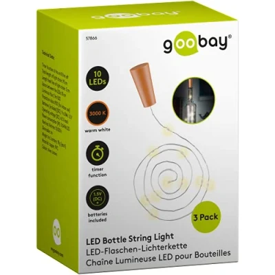 Imagen de goobay 57866 3 x 10 LED Cadena de luces Para botellas, luz botellas insertar en función temporizador/interruptor temporizador, con pilas el corcho, 1m