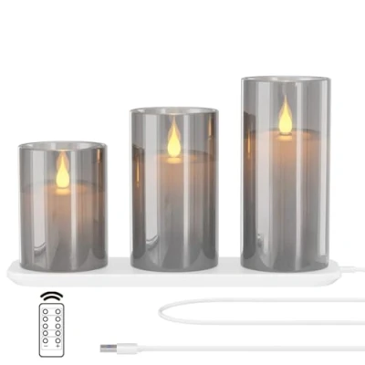 Imagen de EXTSUD velas LED sin llama recargables con estación de carga y mando a distancia, juego 3 decorativas intermitentes cristal temporizador para fiestas, cumpleaños, bodas (Gris)