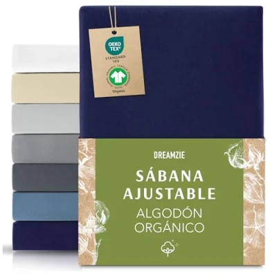 Imagen de Dreamzie Premium Sabanas 80x200 cm, Sabana Bajera cm Ajustable Algodon Orgánico, 150 g/m² Azul Oscuro Certificada sin Productos Químicos (Oeko Tex)