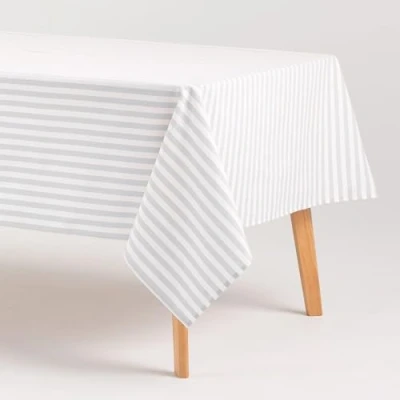 Imagen de GAMUSI Mantel Antimanchas Rectangular Tela algodón Impermeable Rayas Gris Claro, 140x180 cm