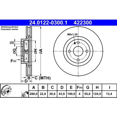 Imagen de ATE 24.0122 0300.1 Disco de freno 280,0 22,0 4 100,0 ventilado revestido MAZDA: MX 5 IV, ABARTH: 124 Spider