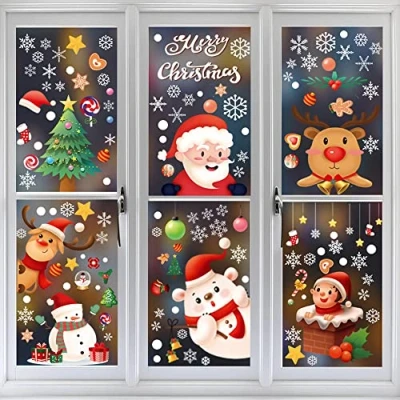 Imagen de Rifrpha 9 Hojas Pegatina de Ventana Navidad, Calcomanías Navidad para Ventana, Copos Nieve, Renos, Papá Noel, Reutilizables, Pvc Decoración Invierno