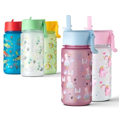 Imagen de VINSUN Botella Agua Niños Princesa con Pajita 500ml Tritan sin BPA, prueba de fugas, reutilizable Cantimplora Infantil rosa para Guardería, Escuela, Deporte