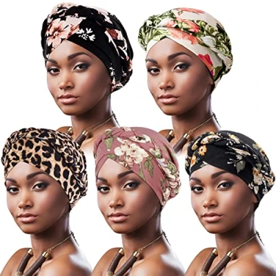Imagen de DRESHOW Turbante Africano para Mujeres Preatado Trenzado Envoltura de Cabeza Sombreros Moda Gorra Dormi Gorro cáncer quimio