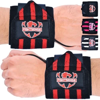 Imagen de FIGHTSENSE Muñequeras Gym Hombre y Mujer, Wrist Wraps 18» con Lazo para el Pulgar,Muñequeras de Gimnasio Levantamiento Pesas,Powerlifting (Rojo)