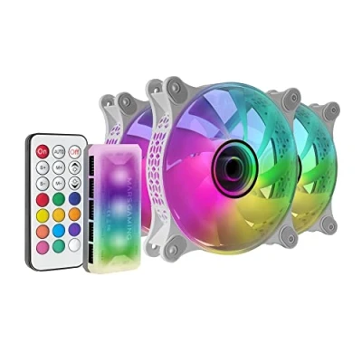 Imagen de Mars Gaming MF 3DKIT Blanco, Kit 3 Ventiladores ARGB 360 12cm, Espejo Infinito 3D, Sistema Anti vibraciones, Controlador ARGB, Mando a Distancia RF, Compatibilidad Total