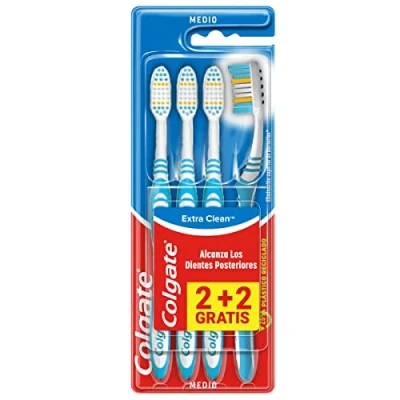 Imagen de Colgate Extra Clean Cepillo de Dientes Dureza Media, Pack 2+2, Limpieza Profunda, Mantiene los Sanos, Limpiador Lengua, Elimina las Bacterias Causantes del Mal Aliento, Multicolor