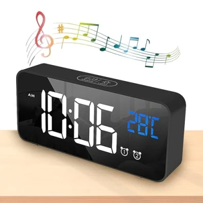 Imagen de WDEC Reloj Despertador Digital, LED Pantalla Alarma Inteligente con Temperatura, 2 Alarma, Snooze, 4 Brillo Ajustable Función, Volumen Regulable, 13 Tipos de Música, Puerto Carga USB (Negro)