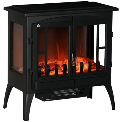 Imagen de HOMCOM Chimenea Eléctrica 1000 W/2000 W Decorativa de Pie con Ventanas LED Llamas Brillo Ajustable y Protección Sobrecalentamiento para 15 20 ㎡ 60x37x60,5 cm Negro