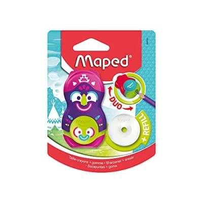 Imagen de Maped Material Escolar DUO Sacapuntas + Goma Loopy Totem con Compartimento para las Virutas de Recambio 3 Diseños Caras