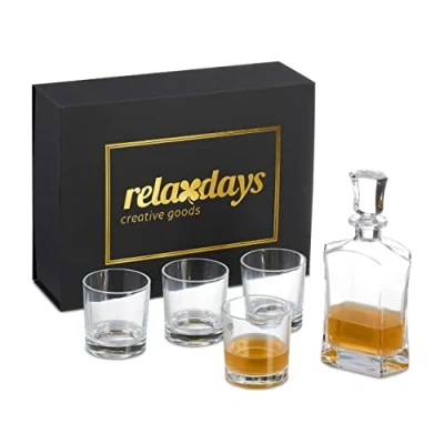 Imagen de Relaxdays Set, 5 Piezas, 700 ml, 4 Vasos Whisky 345 Caja de Regalo, Decantador Coñac, Transparente, 12,5 x 38 29 cm