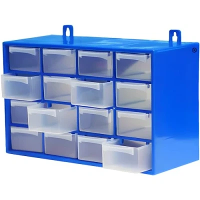 Imagen de KROWN Clasificador Modular de Pared Apilable, 27 x 17 12,5 cm, 16 Cajones, Almacenamiento Pequeñas Herramientas, Tornillos, Marco Polipropileno, Cajones Transparentes (Azul)