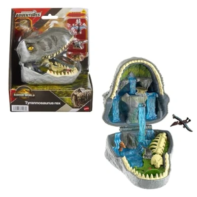 Imagen de Mattel Jurassic World: El Renacer, Conjunto de juego Mini, la cabeza del Tiranosaurio Rex se abre, 4 funciones interactivas, 3 Micro figuras, T. Dinosaurio juguete, JGB97