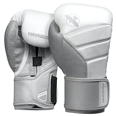 Imagen de Hayabusa T3 Guantes de Boxeo para Hombres y Mujeres, protección muñecas Nudillos, Cierre Gancho Bucle Dual X, Soporte muñeca férula, Acolchado Espuma 5 Capas Blanco/Gris, 16 oz