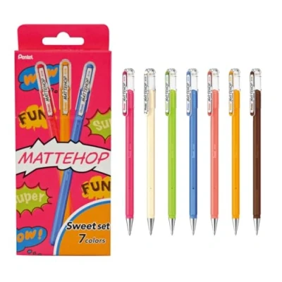 Imagen de Pentel K110 V7STA Mattehop Juego de bolígrafos gel con tinta alta opacidad en acabado mate, 7 colores surtidos