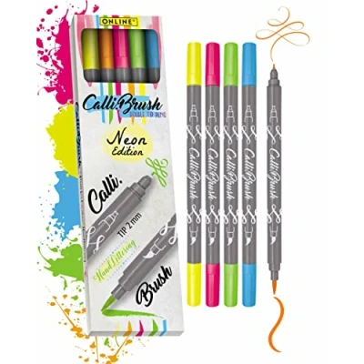 Imagen de Online 19078 Calli.Brush Neon juego de 5 rotuladores escritura a mano, con pincel, caligrafía, punta caligrafía y pincel para diarios, acuarelas