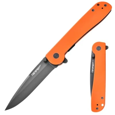 Imagen de TONIFE Guiding Star Navaja Plegable con Clip de Bolsillo, Antideslizante EDC Cuchillo Una Mano, Hoja 8Cr14MoV y Mango G10 para Camping al Aire Libre (Naranja + Gris Titanio)