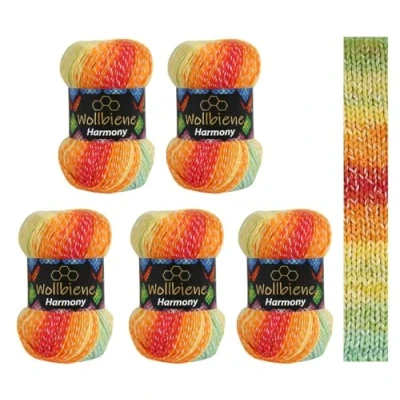 Imagen de Wollbiene Harmony Batik 8020 5 ovillos de 100 g con degradado color, 30% algodón, multicolor, para todo el año (8020, verde, rojo, naranja y amarillo)