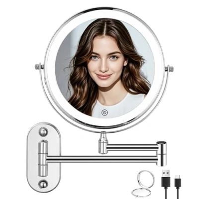 Imagen de Zhufas Montaje en pared con iluminación, aumento 1X/10X, espejo de maquillaje regulable, para baño y hotel, luces 3 colores, giratorio 360, afeitar