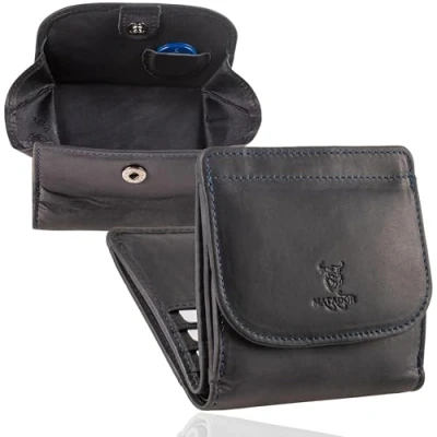 Imagen de MATADOR Pequeña caja de Viena, mini monedero, cartera para hombre, piel pequeña, monedero pequeño mujer con bloqueo RFID, paquete regalo, azul marino