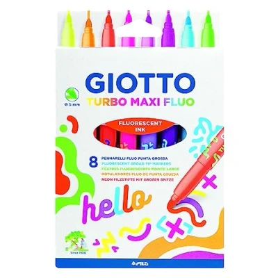 Imagen de Giotto Turbo Maxi, Rotuladores con Punta de fibra tinta fluorescente, Ancha, Mina 5 mm, Colores Fluo Surtidos, 8 unidades